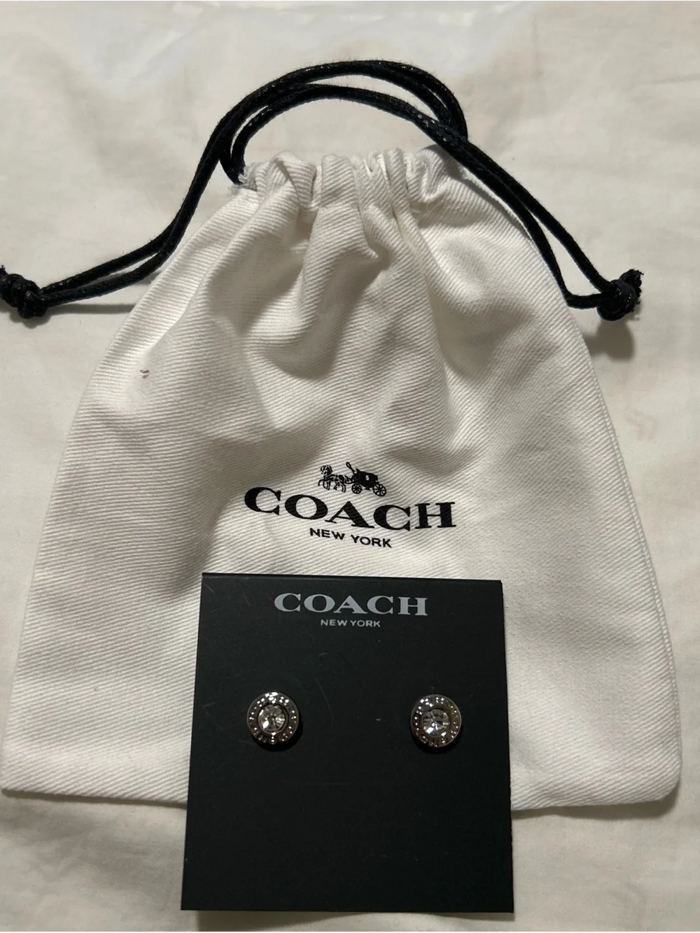 Coach Silver-Tone Crystal Stud Earrings with White Coach Drawstring Pouch - Picture 4 of 8